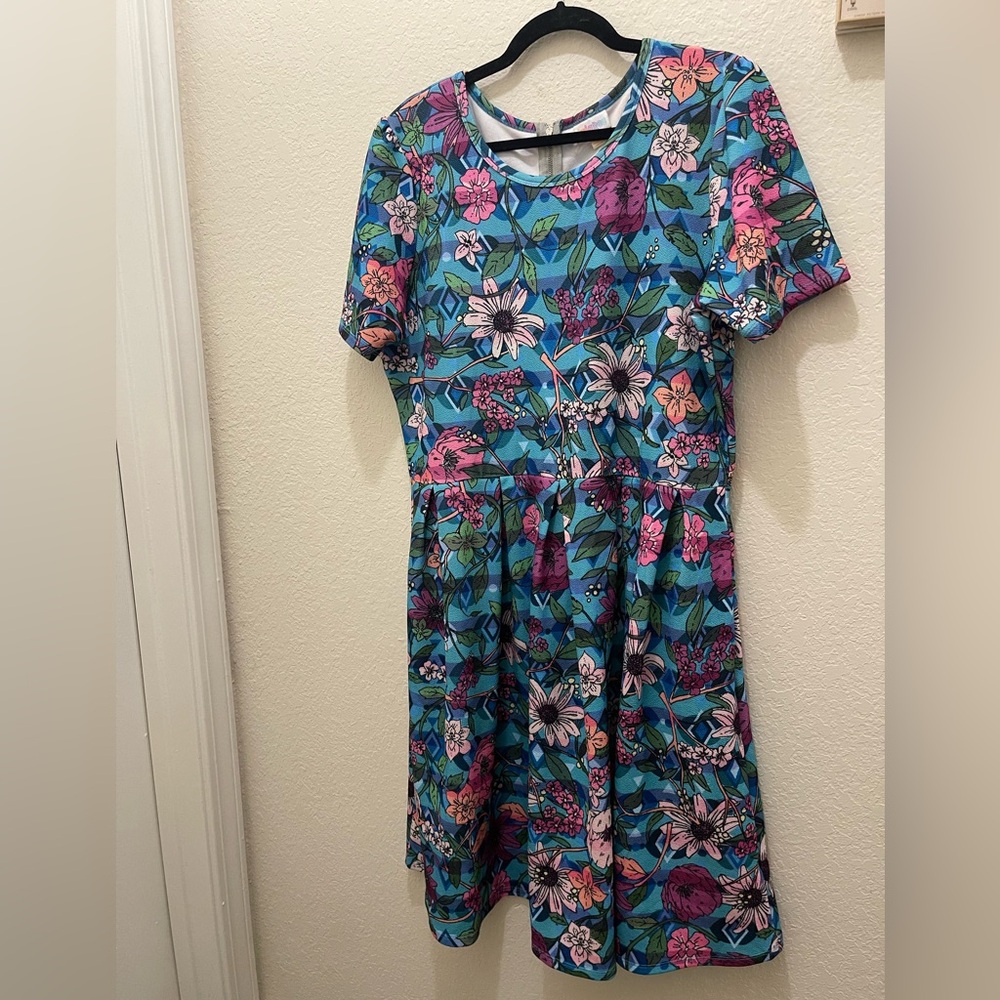 LuLaRoe Teal Floral Short-Sleeve Dress with Pink and Purple Accents